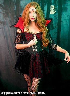 Victorian female vampire, costume dress, lace inlays, off shoulder